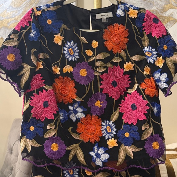 MILLY | Coord Skirt Set Floral Embroidered Black Skirt and matching Top Coord - Picture 10 of 15